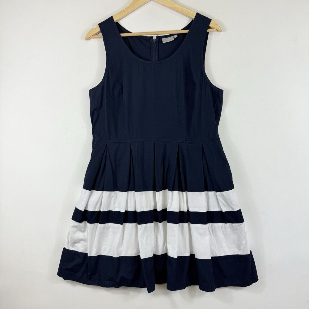 eShakti Dress Women XL 16 Blue White Stripe Sleeveless Nautical Fit Flare Preppy